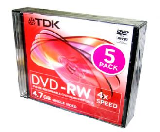 Диск TDK DVD+RW 4.7ГБ, 4x, 5шт., Slim Case